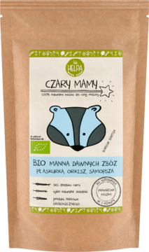 Czary Mamy BIO manna z płaskurki, orkiszu, samopszy w brązowej torbie, z rysunkiem niebieskiego borsuka, widok z przodu.