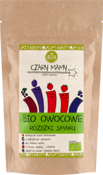 Helpa Bio Owocowe Różdżki Smaku, brązowa torebka z uśmiechniętymi owocami, widok z przodu. Liofilizowane, 5 smaków.