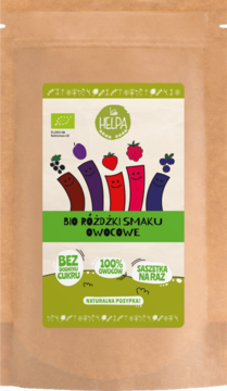 Helpa Bio Różdżki Smaku Owocowe, saszetki 100% owoców bez cukru, brązowa torebka z zieloną etykietą, widok z przodu.