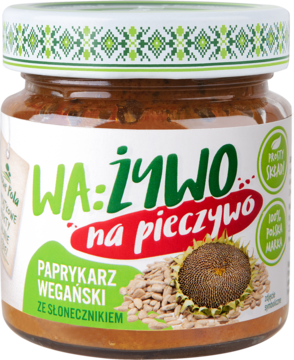 WA:ŻYWO Paprykarz wegański ze słonecznikiem w szklanym słoiku, zielono-biała etykieta, widok z przodu.