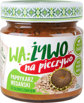 WA:ŻYWO Paprykarz wegański ze słonecznikiem w szklanym słoiku, zielono-biała etykieta, widok z przodu.