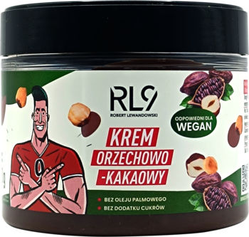 Słoik wegańskiego kremu orzechowo-kakaowego RL9 bez cukru, z rysunkiem Roberta Lewandowskiego na etykiecie, widok z przodu.