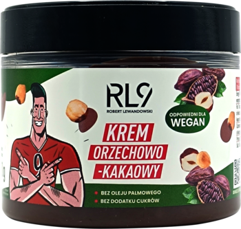 Słoik wegańskiego kremu orzechowo-kakaowego RL9 bez cukru, z rysunkiem Roberta Lewandowskiego na etykiecie, widok z przodu.