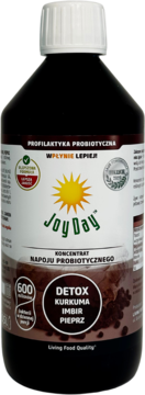 Butelka Joy Day Detox kurkuma, imbir, pieprz, koncentrat probiotyczny. Ciemna butelka, biała nakrętka, biała etykieta.