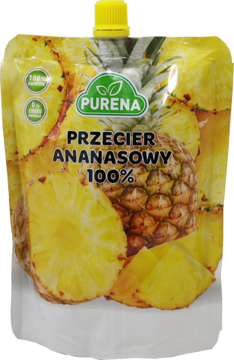 Żółta saszetka Purena przecier ananasowy 100% z żółtym korkiem, na froncie plastry ananasa, widok z przodu.