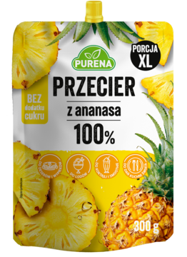 Purena Przecier ananasowy 100%, biało-żółta saszetka XL z kawałkami ananasów, widok z przodu.