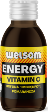 Welsom Energy napój witaminowy C, kofeina, imbir i pomarańcza, ciemna butelka, żółta etykieta, przód.