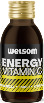 Welsom Energy Vitamin C shot w małej, ciemnej butelce z złotym korkiem, widok z przodu na etykietę z żółtymi pasami.