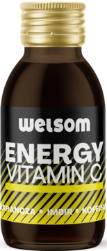 Welsom Energy Vitamin C shot w małej, ciemnej butelce z złotym korkiem, widok z przodu na etykietę z żółtymi pasami.