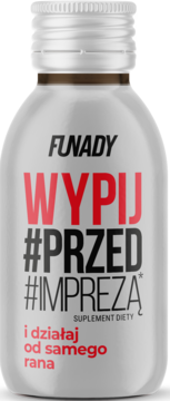 Srebrna butelka suplementu diety Funady, widok z przodu, z hasłem "WYPIJ #PRZED #IMPREZĄ".
