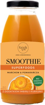 Smoothie Marchew & Pomarańcza Superfoods Foods by Anna w szklanej butelce, pomarańczowa etykieta, bez cukru. Widok z przodu.