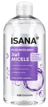 ISANA płyn micelarny 3w1 MICELE do suchej i wrażliwej skóry, w jasnej butelce z fioletową etykietą, ujęcie z przodu.