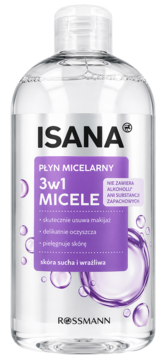ISANA płyn micelarny 3w1, 400ml, do skóry suchej i wrażliwej. Bez alkoholu, przezroczysta butelka, widok z przodu.