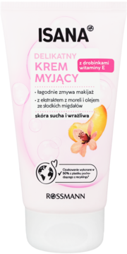 ISANA Delikatny Krem Myjący w białej tubie z różowym napisem, morelą i witaminą E, do skóry suchej.