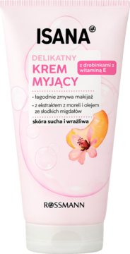Isana Delikatny Krem Myjący, różowa tubka z morelą, migdałami i witaminą E, do skóry suchej, z przodu.