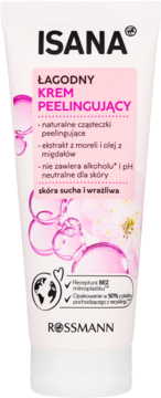 Biała tubka Isana łagodny krem peelingujący do skóry suchej i wrażliwej, z różowym wzorem i napisem, widok z przodu.