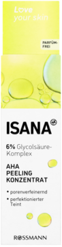Isana AHA Peeling Konzentrat 6% Glycolsäure, Rossmann, żółto-białe opakowanie, widok z przodu, bez perfum.