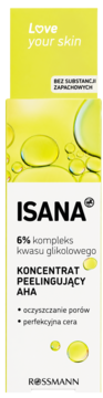 Isana Koncentrat Peelingujący AHA 6% kwasu glikolowego, żółto-białe opakowanie z graf. kroplami.