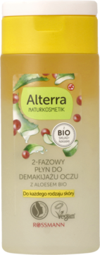 Alterra dwufazowy płyn do demakijażu oczu z aloesem BIO w żółtej butelce 100ml, widok z przodu.