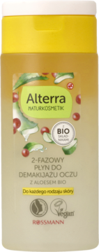 Alterra dwufazowy płyn do demakijażu oczu z aloesem BIO w żółtej butelce 100ml, widok z przodu.