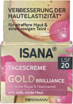 Isana Tagescreme Gold Brilliance SPF 20 w złotym pudełku z różowymi detalami, dla bardzo dojrzałej skóry.