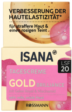 ISANA Gold Brilliance krem na dzień LSF 20 dla dojrzałej skóry, w złotym opakowaniu z różami, przód.