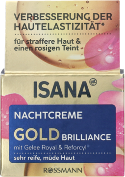 Isana Nachtcreme Gold Brilliance do bardzo dojrzałej skóry, złoty kartonik z niebieską etykietą i różami, z przodu.