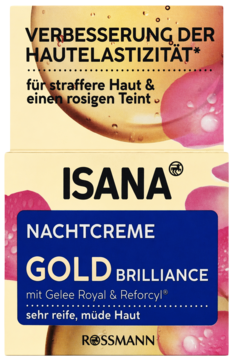 Isana Nachtcreme Gold Brilliance, opakowanie dla cery dojrzałej, z mleczkiem pszczelim, poprawia elastyczność.