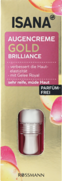 Isana Gold Brilliance krem pod oczy. Złoty kartonik z różowym panelem, bezzapachowy, do cery dojrzałej. Widok z przodu.