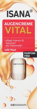 Isana Vital krem pod oczy Rossmann, bezzapachowy, biało-czerwony kartonik, redukuje zmarszczki, przód.