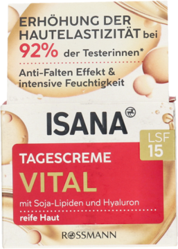 Zbliżenie na Isana Tagescreme Vital SPF15, krem na dzień do skóry dojrzałej, elastyczność 92%, biało-czerwone.