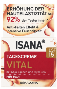 Isana Vital Tagescreme SPF15 do skóry dojrzałej, z lipidami soi i hialuronem, dla elastyczności skóry, widok z przodu.