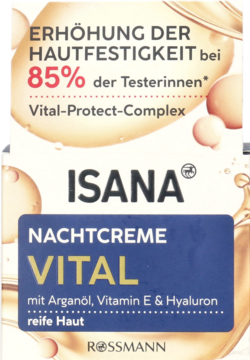 ISANA VITAL Nachtcreme do skóry dojrzałej, z arganem, witaminą E i hialuronem, widok na etykietę.