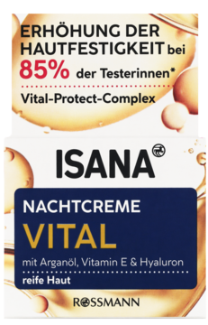 Isana Nachtcreme Vital w białym pudełku z niebieską etykietą, widok z przodu. Krem do skóry dojrzałej z arganem.