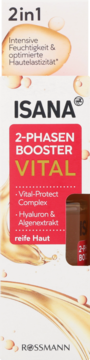 Isana 2-Phasen Booster Vital, dla skóry dojrzałej, z kwasem hialuronowym i algami, białe opakowanie z czerwono-złotym wzorem, widok z przodu.