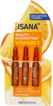 Isana Beauty-Koncentrat z wysoce aktywną witaminą C. Pomarańczowe opakowanie, 3 ampułki, widok z przodu.