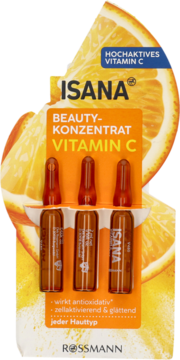 Isana Beauty-Koncentrat z wysoce aktywną witaminą C. Pomarańczowe opakowanie, 3 ampułki, widok z przodu.