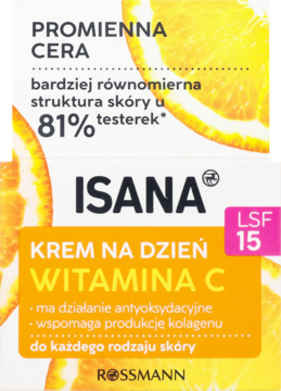 ISANA Krem na dzień Witamina C LSF 15 w biało-pomarańczowym opakowaniu z cytrusami, dla promiennej cery. Widok z przodu.