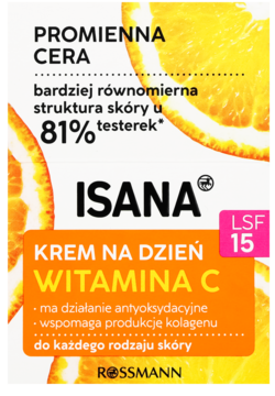 ISANA Krem na dzień Witamina C, białe opakowanie z dużym pomarańczowym tłem i tekstem LSF 15, widok z przodu.