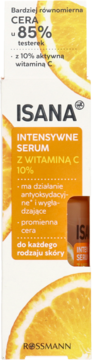 Isana Serum z Witaminą C 10%, biała butelka z pomarańczową etykietą i pomarańczami w tle, widok z przodu.