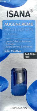 ISANA Hyaluron Intense krem pod oczy, białe opakowanie z niebieskimi akcentami, bezzapachowy, widok z przodu.