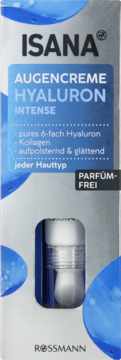 ISANA Hyaluron Intense, krem pod oczy, srebrne pudełko z niebieskimi falami, widoczny dozownik, PARFÜM-FREI.