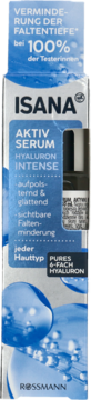 Isana Aktiv Serum Hyaluron Intense w biało-niebieskim pudełku, z przodu, o 6-krotnym hialuronie i redukcji zmarszczek.