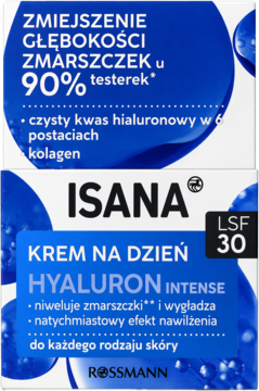 ISANA Hyaluron Intense krem na dzień SPF 30, opakowanie biało-niebieskie z opisem korzyści.