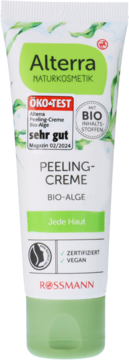 Alterra Peeling-Creme Bio-Alge, biała tuba z zieloną grafiką, z napisem ÖKO-TEST sehr gut, widok z przodu.