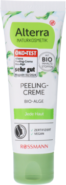 Alterra Peeling-Creme Bio-Alge, biała tuba z zieloną grafiką, z napisem ÖKO-TEST sehr gut, widok z przodu.