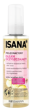 Isana pielęgnacyjny olejek oczyszczający z olejkiem migdałowym do suchej, wrażliwej skóry. Przezroczysta butelka z białym dozownikiem.