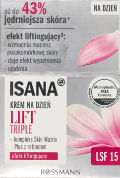 Krem Isana Lift Triple na dzień, liftingujący, szare opakowanie z kwiatem, LSF 15, widok z przodu.