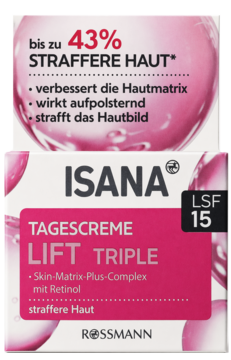 Isana Lift Triple Tagescreme, biało-różowe opakowanie, LSF 15, z przodu napis 'bis zu 43% straffere Haut'.