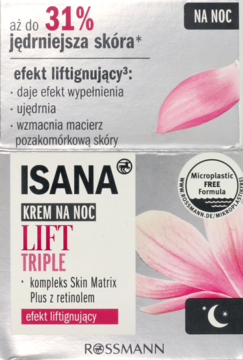 Krem Isana Lift Triple na noc w szarym opakowaniu z różowym kwiatem, dla 31% jędrniejszej skóry.